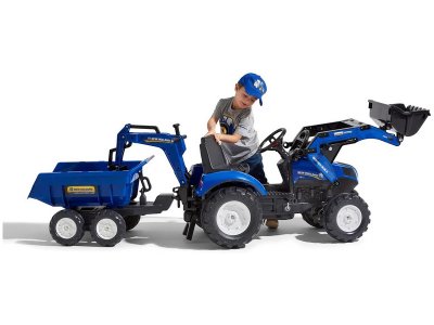 FALK - Šlapací traktor New Holland T8 s nakladačem, rypadlem a maxi vlečkou