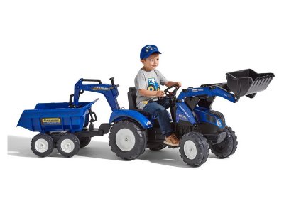 FALK - Šlapací traktor New Holland T8 s nakladačem, rypadlem a maxi vlečkou