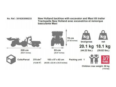 FALK - Šlapací traktor New Holland T8 s nakladačem, rypadlem a maxi vlečkou