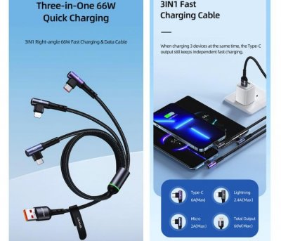 3in1 Right-angle 66W Fast Charging & Data Cable (L + C + M)