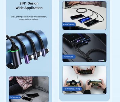 3in1 Right-angle 66W Fast Charging & Data Cable (L + C + M)