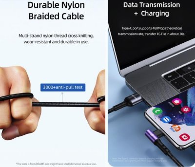 3in1 Right-angle 66W Fast Charging & Data Cable (L + C + M)