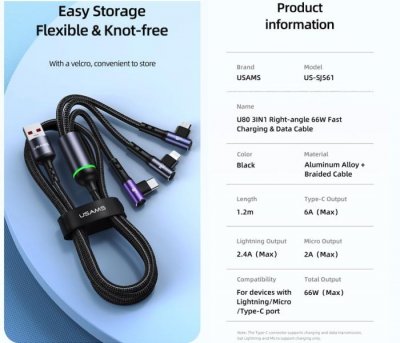 3in1 Right-angle 66W Fast Charging & Data Cable (L + C + M)