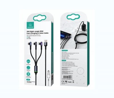 3in1 Right-angle 66W Fast Charging & Data Cable (L + C + M)